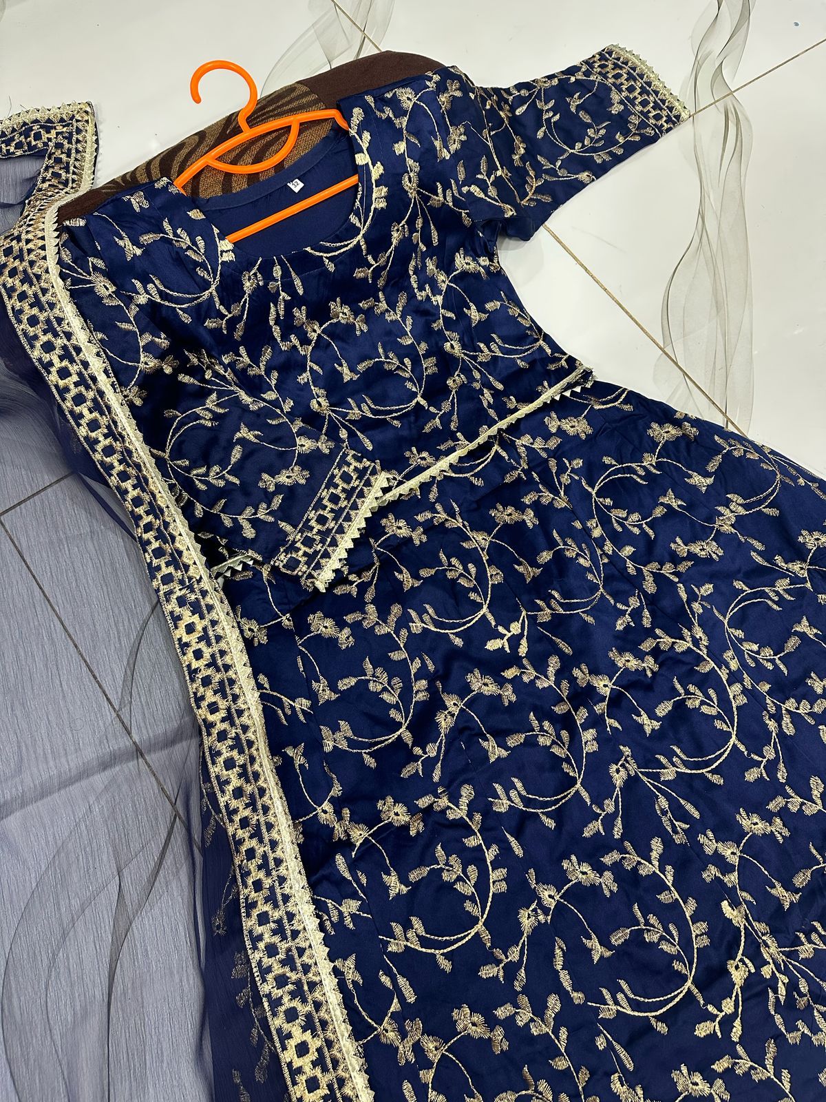 Kids 3-Piece Front Embroidered Silk Top with Skirt & Four-Side Embroidered Organza Dupatta