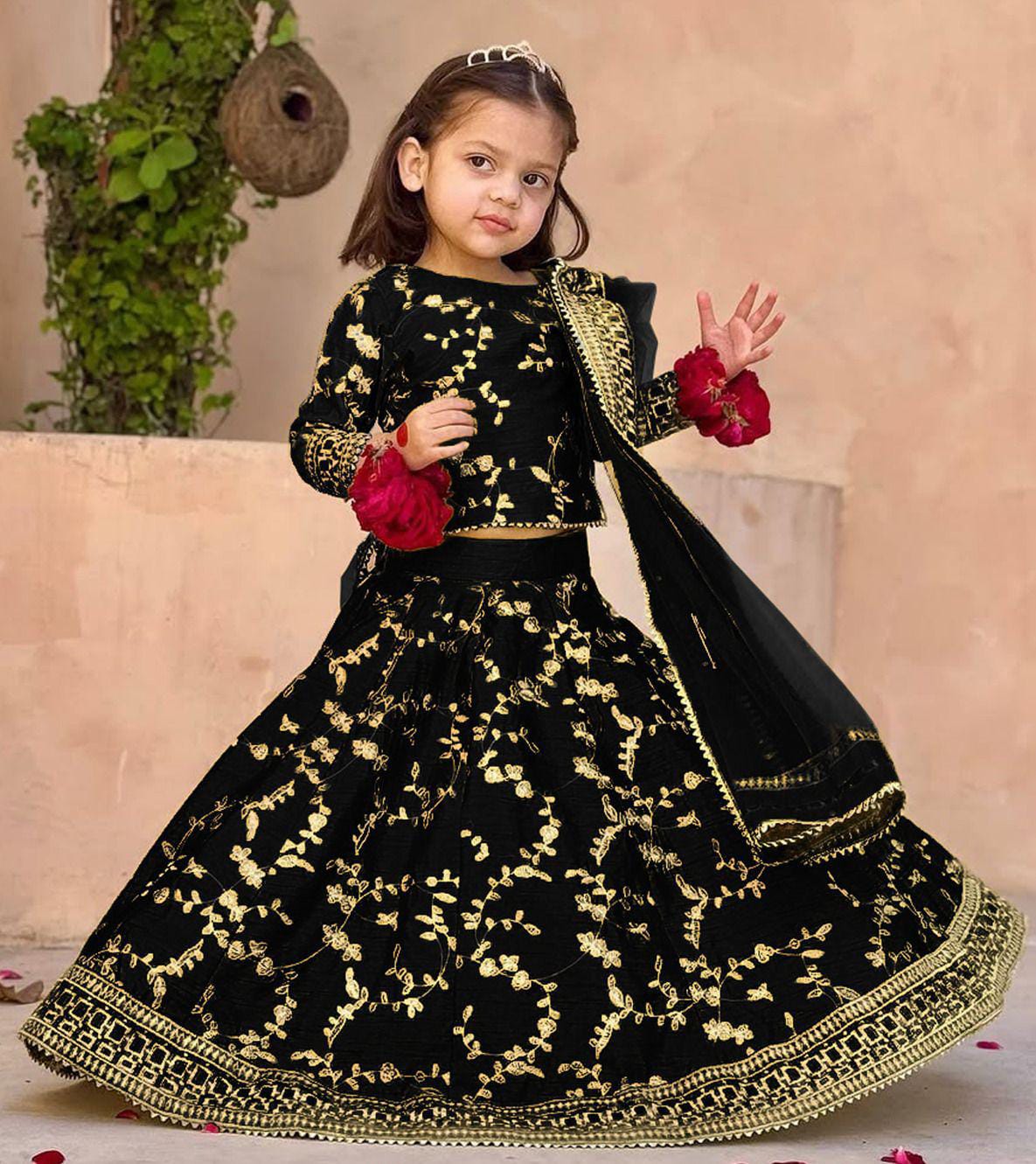 Kids 3-Piece Front Embroidered Silk Top with Skirt & Four-Side Embroidered Organza Dupatta