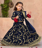 Kids 3-Piece Front Embroidered Silk Top with Skirt & Four-Side Embroidered Organza Dupatta