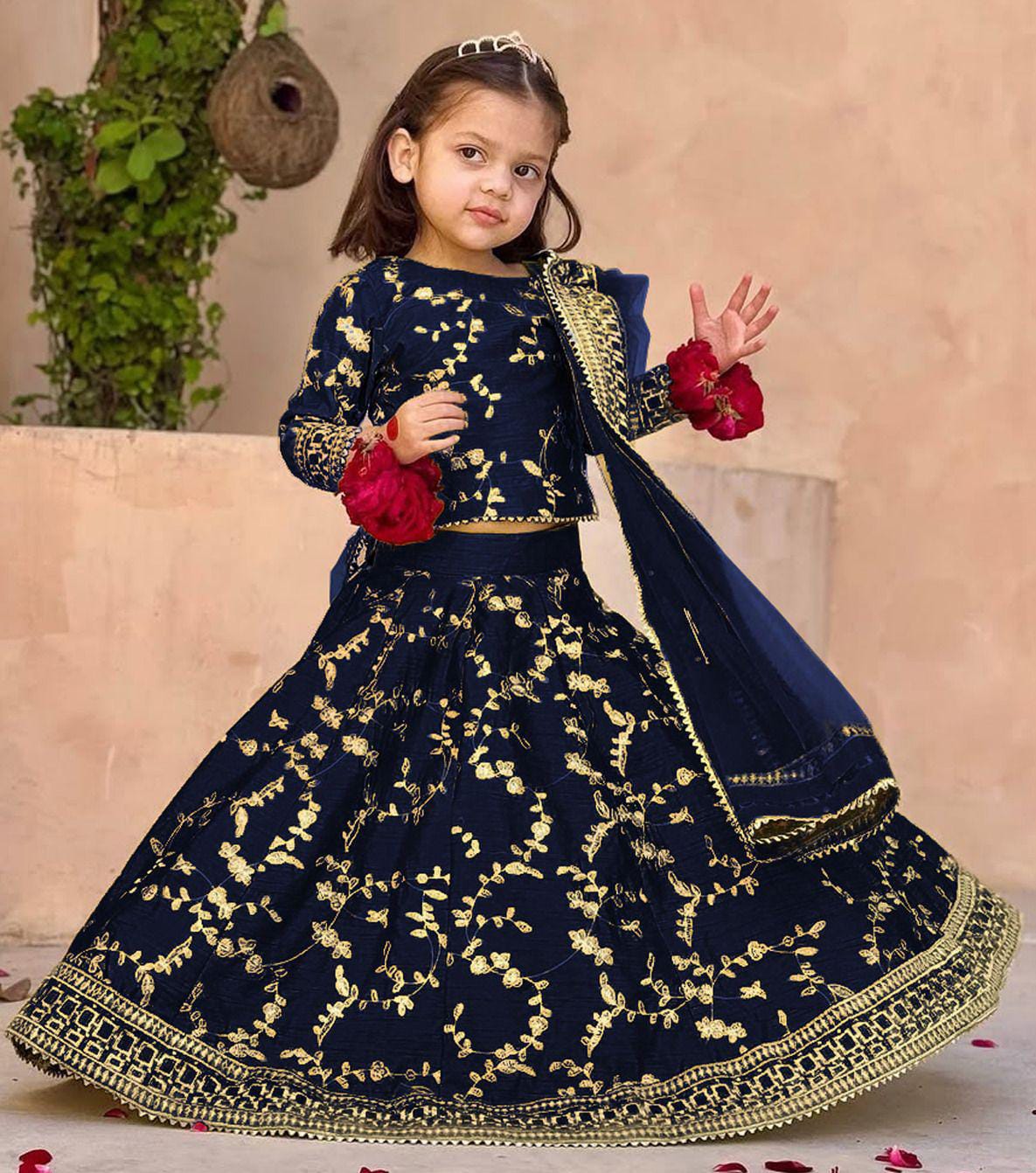 Kids 3-Piece Front Embroidered Silk Top with Skirt & Four-Side Embroidered Organza Dupatta