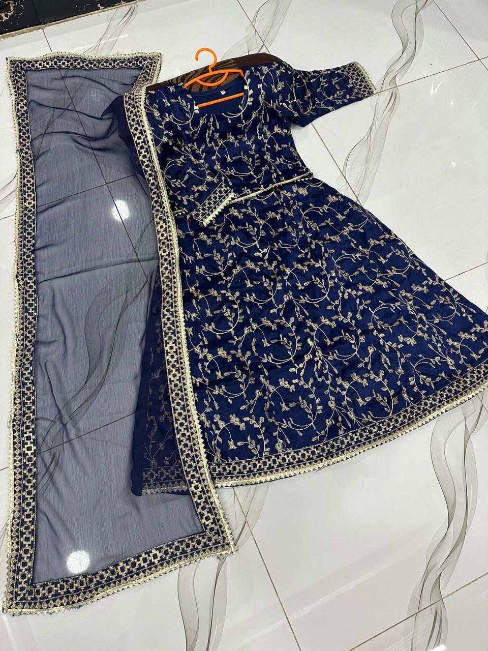 Kids 3-Piece Front Embroidered Silk Top with Skirt & Four-Side Embroidered Organza Dupatta
