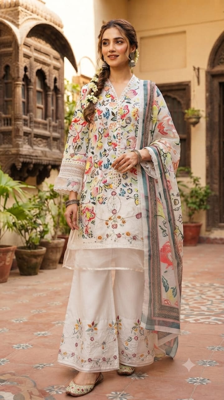 Bana Dora Swiss Lawn 3-Piece Suit with Sequence Embroidery & Digital Munar Dupatta