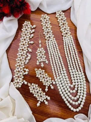 Fancy Kundan Mirror & Pearls Choker Mala Set with Earrings & Tikka