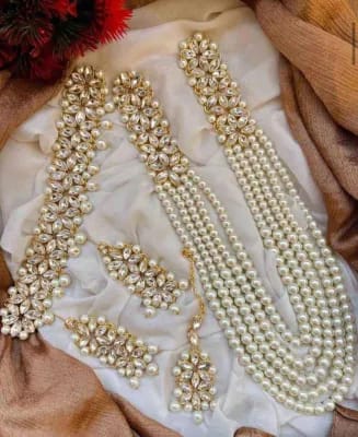 Fancy Kundan Mirror & Pearls Choker Mala Set with Earrings & Tikka