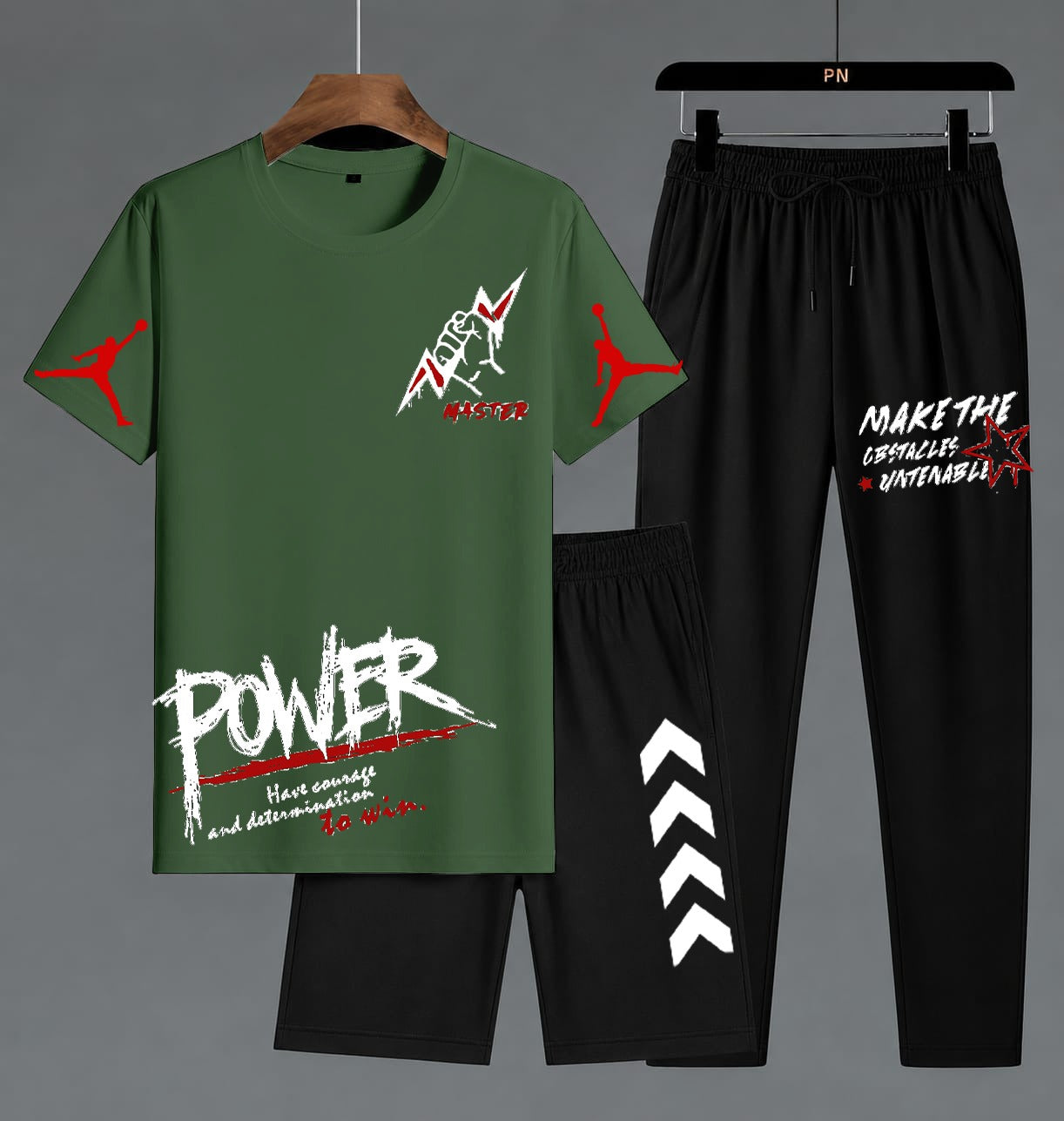 POWER Printed Pack of 3 Summer Track Suits (T-Shirt, Trouser & Short)