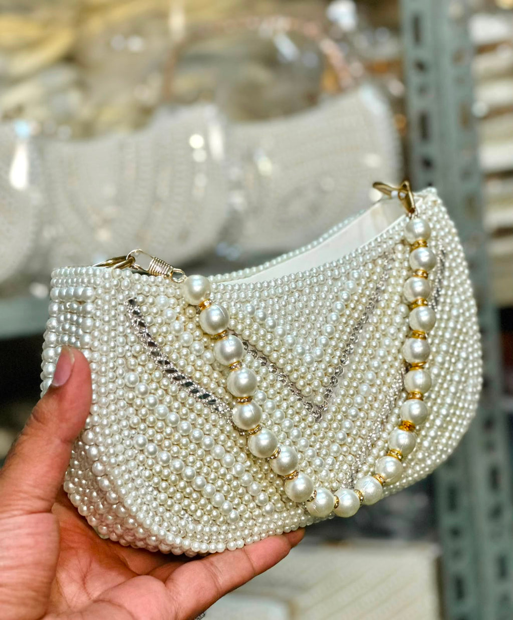 White Pearls Hand Clutch & Crossbody Bag for Girls