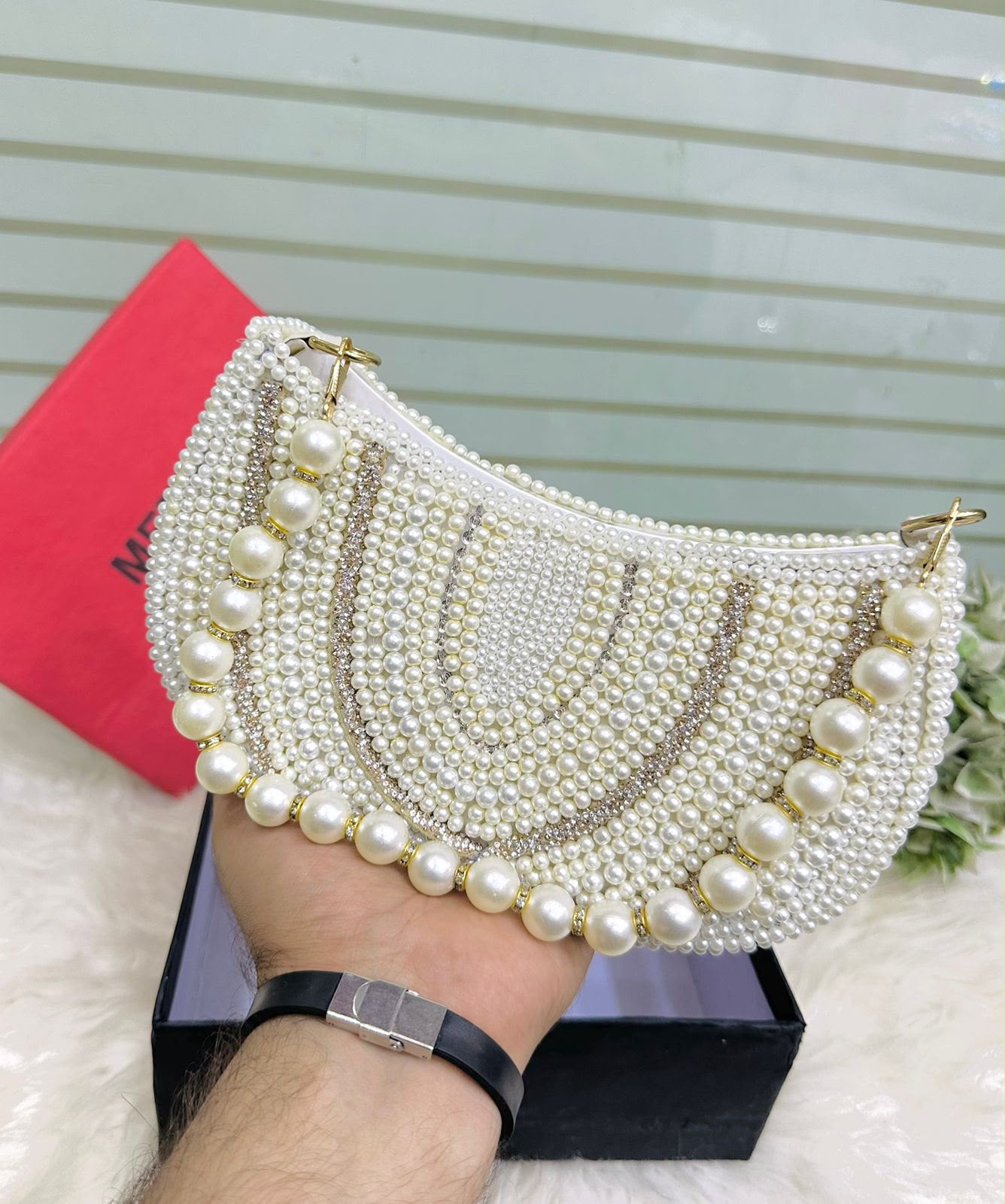 White Pearls Hand Clutch & Crossbody Bag for Girls