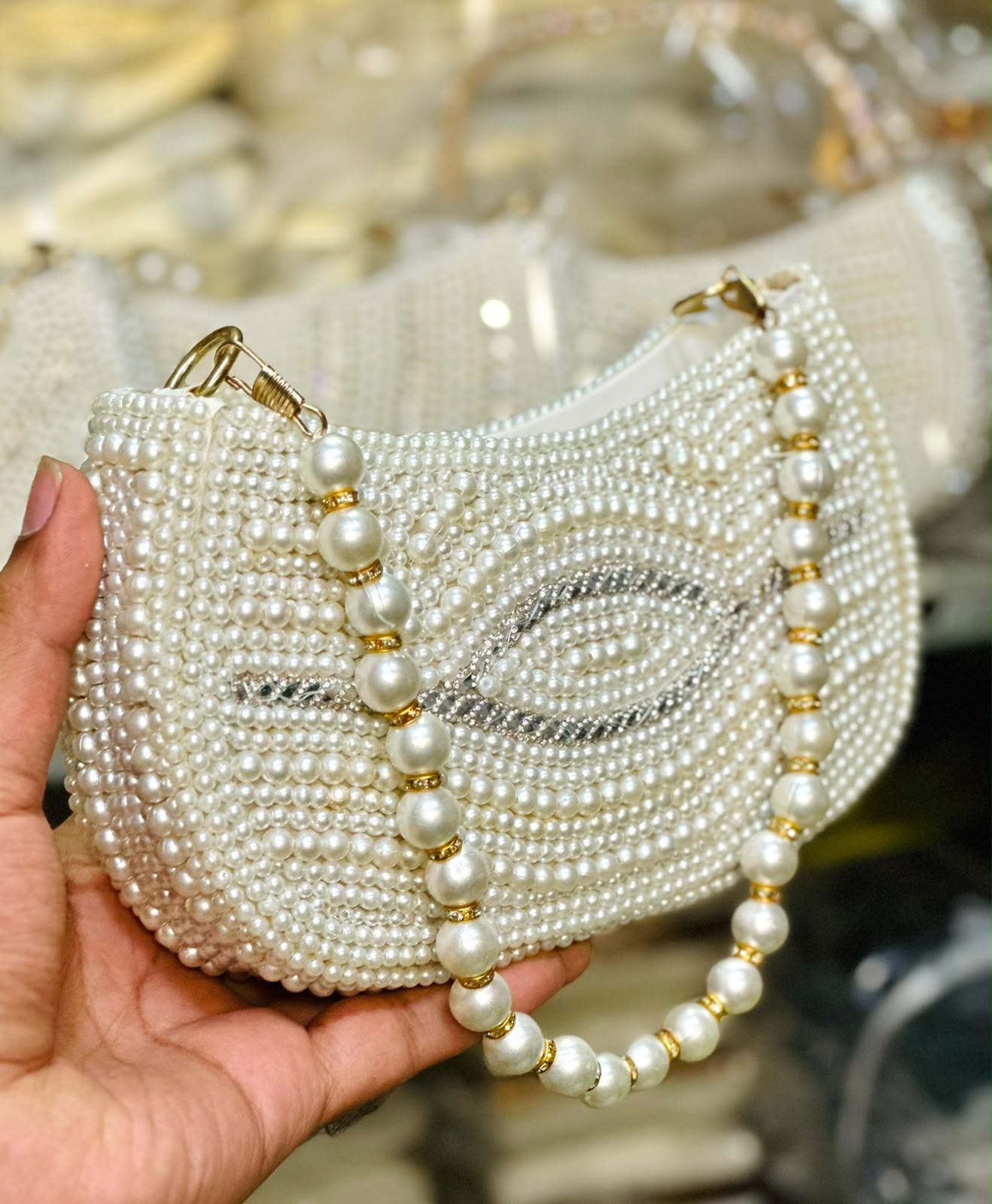 White Pearls Hand Clutch & Crossbody Bag for Girls