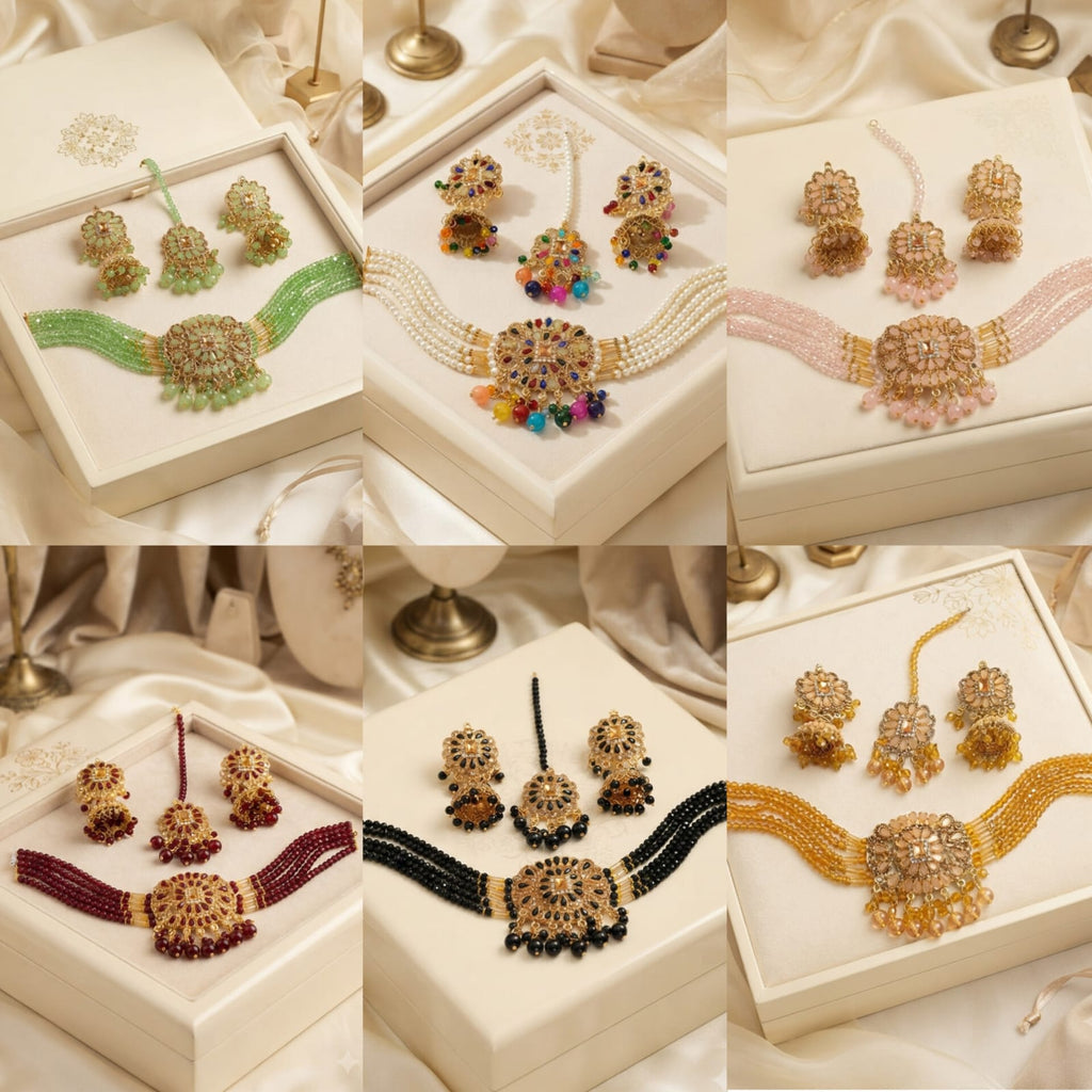 New Stylish Zarcoon & Kundan Crystal Choker Set in Multiple Colors
