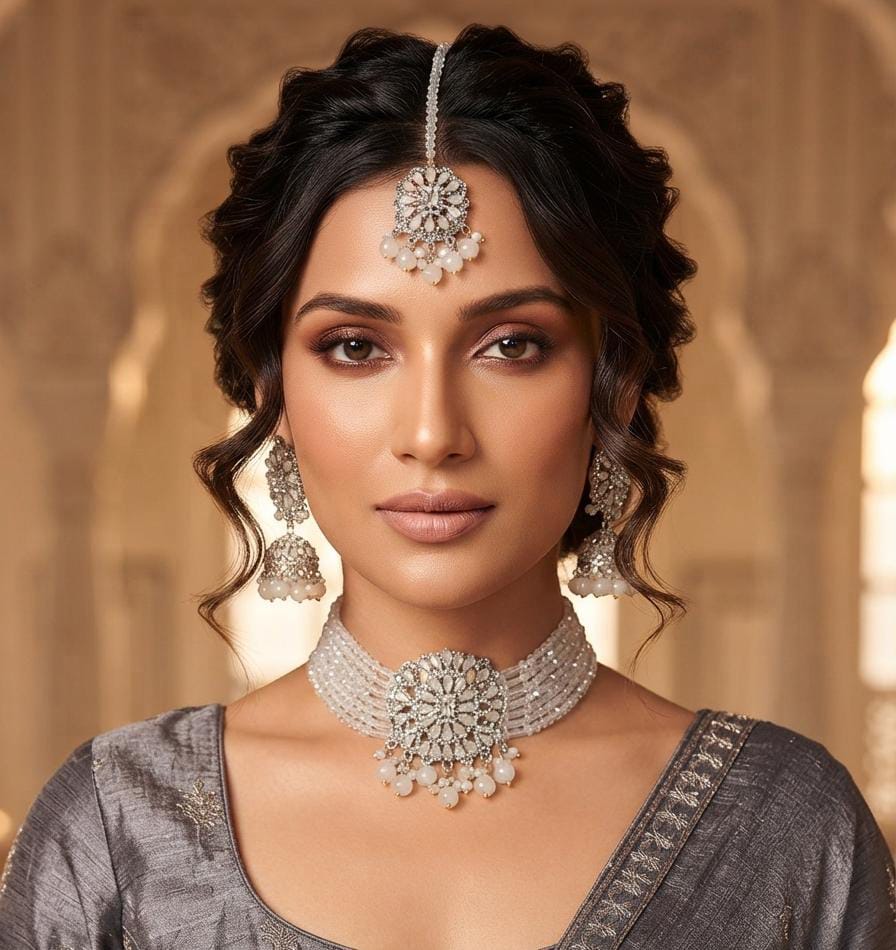 New Stylish Zarcoon & Kundan Crystal Choker Set in Multiple Colors