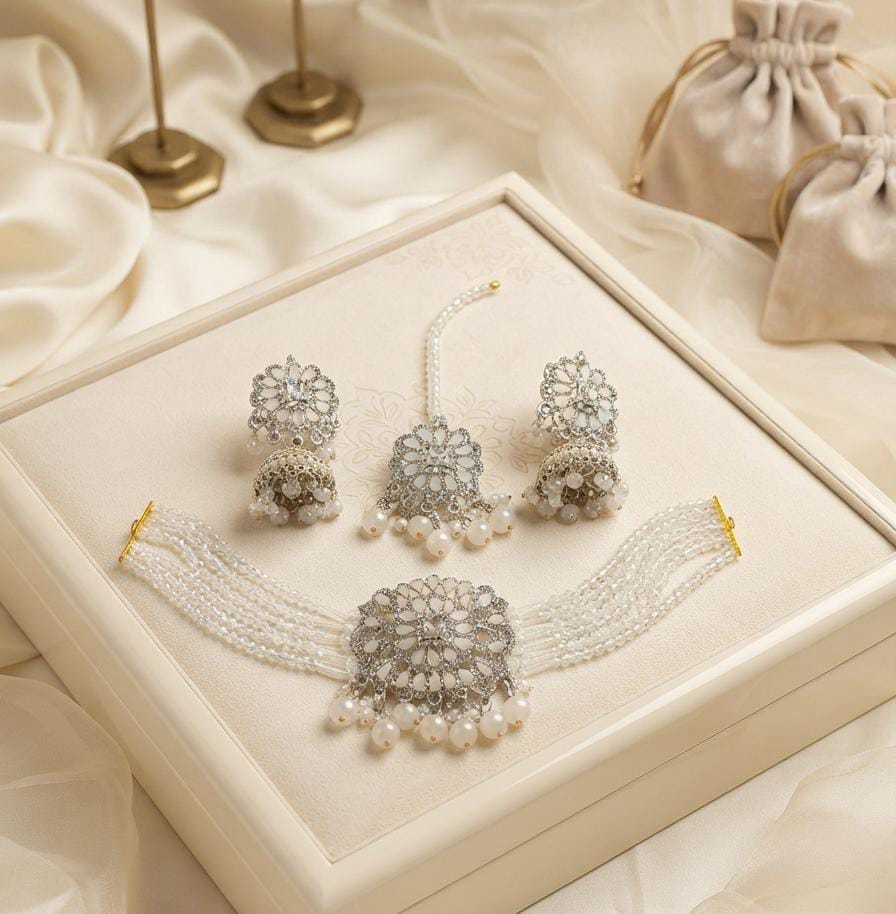 New Stylish Zarcoon & Kundan Crystal Choker Set in Multiple Colors