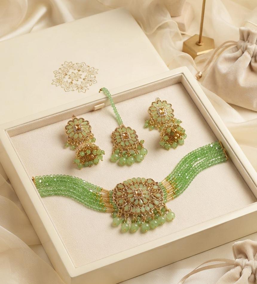 New Stylish Zarcoon & Kundan Crystal Choker Set in Multiple Colors
