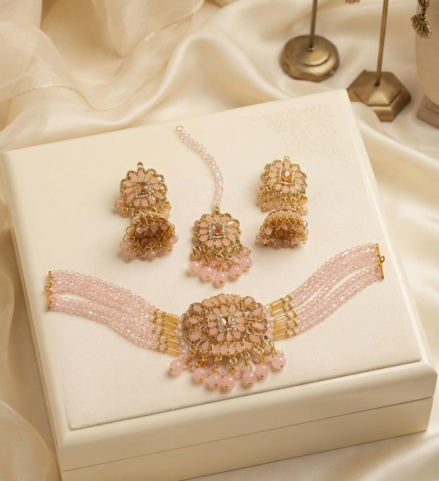 New Stylish Zarcoon & Kundan Crystal Choker Set in Multiple Colors
