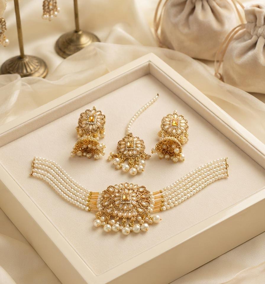 New Stylish Zarcoon & Kundan Crystal Choker Set in Multiple Colors
