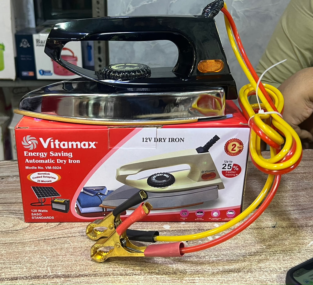 Light Height Vitamax Inverter Solar Dry Iron | 12V Battery & Solar Panel Operated