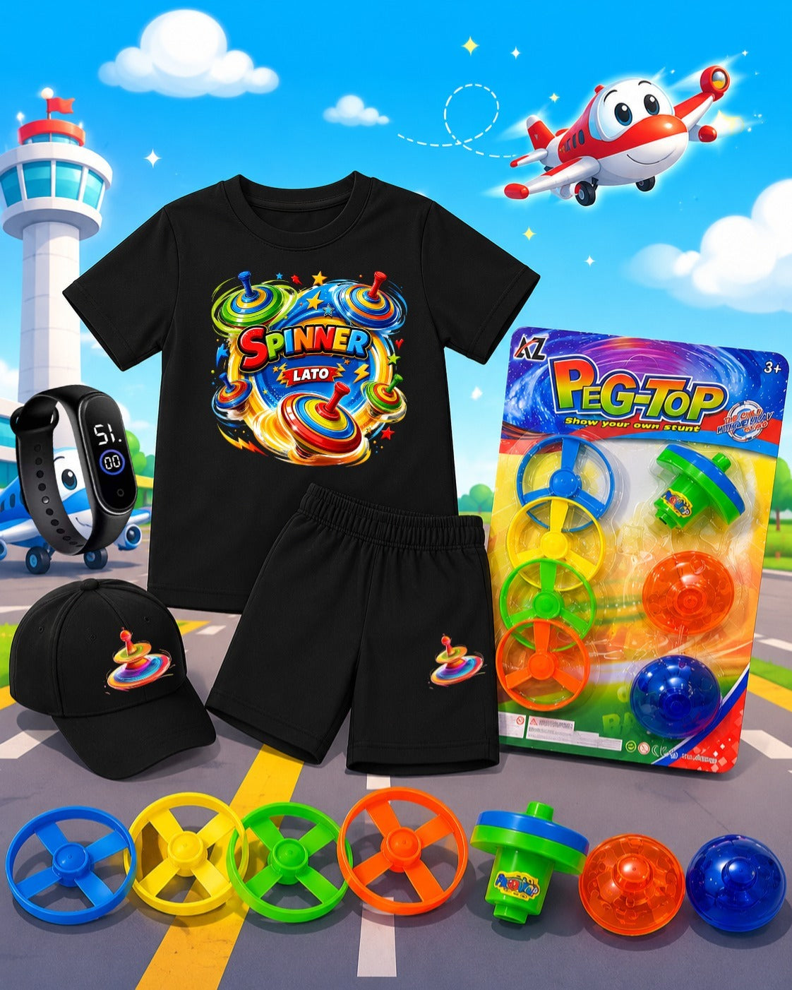 Kids Summer Pack of 6 Deal (T-Shirt, Short, Cap, Watch & Free Spinner Toy)