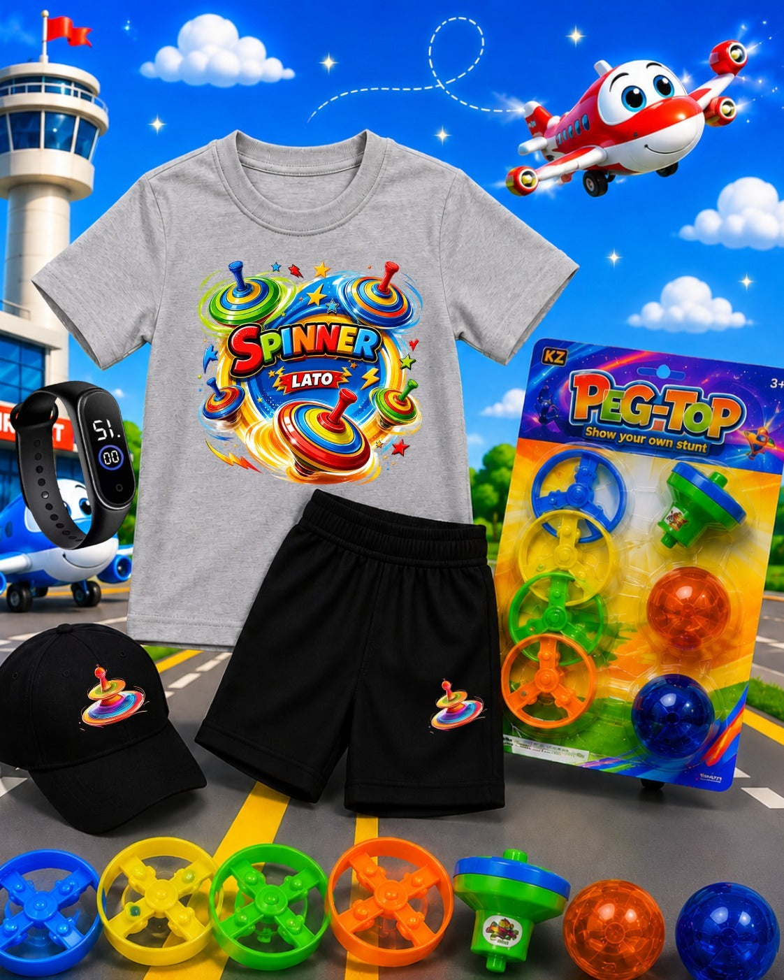 Kids Summer Pack of 6 Deal (T-Shirt, Short, Cap, Watch & Free Spinner Toy)