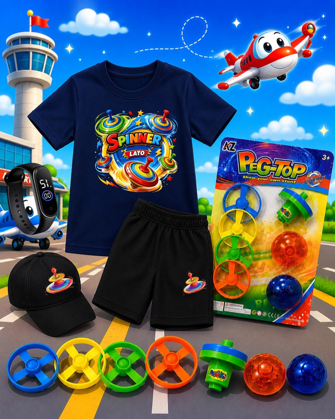 Kids Summer Pack of 6 Deal (T-Shirt, Short, Cap, Watch & Free Spinner Toy)