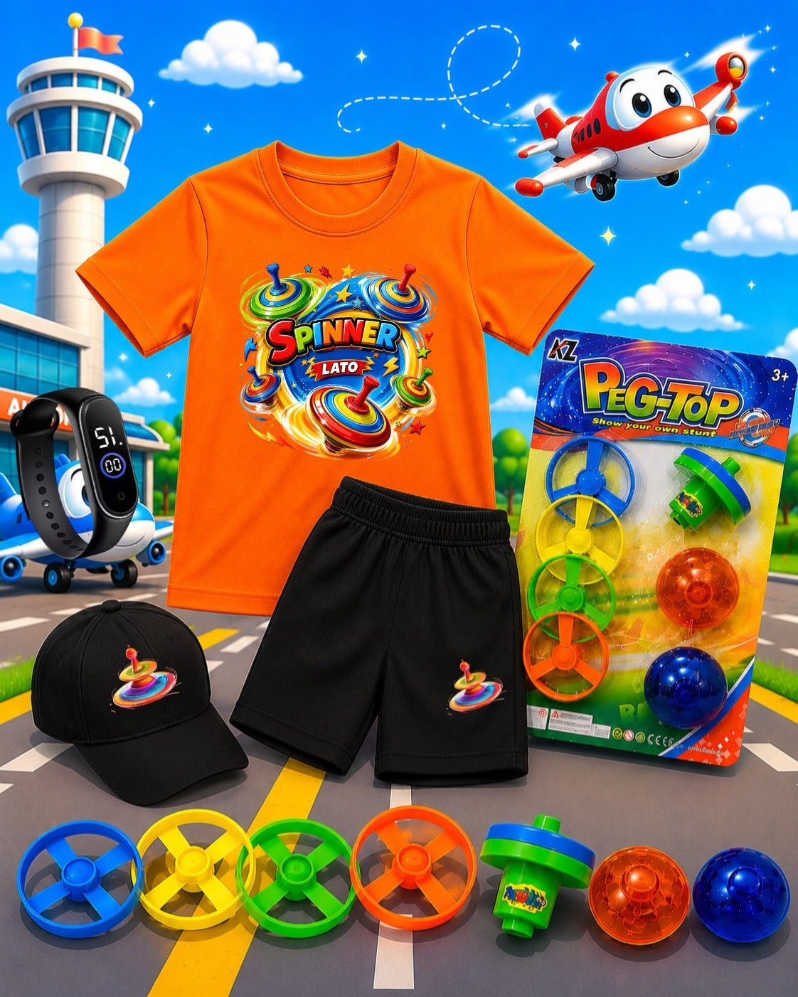 Kids Summer Pack of 6 Deal (T-Shirt, Short, Cap, Watch & Free Spinner Toy)