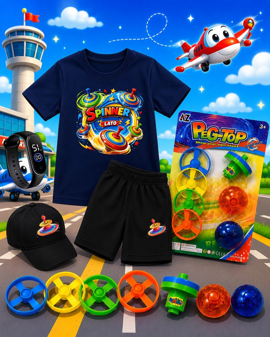 Kids Summer Pack of 6 Deal (T-Shirt, Short, Cap, Watch & Free Spinner Toy)