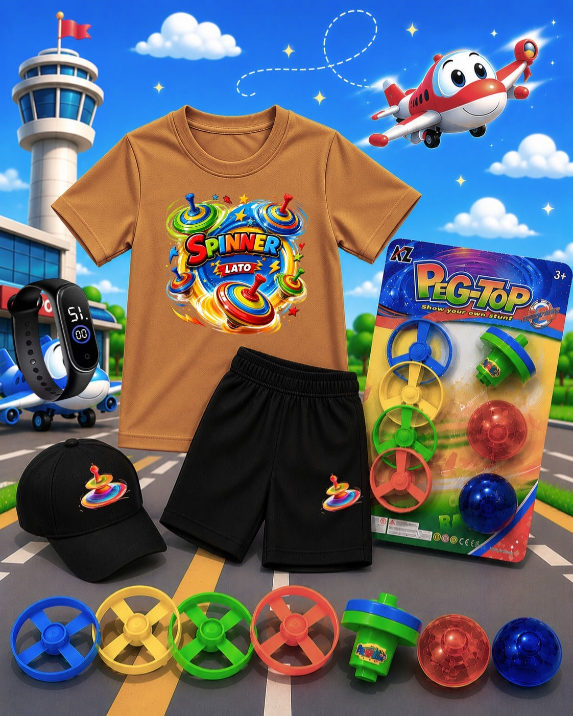 Kids Summer Pack of 6 Deal (T-Shirt, Short, Cap, Watch & Free Spinner Toy)