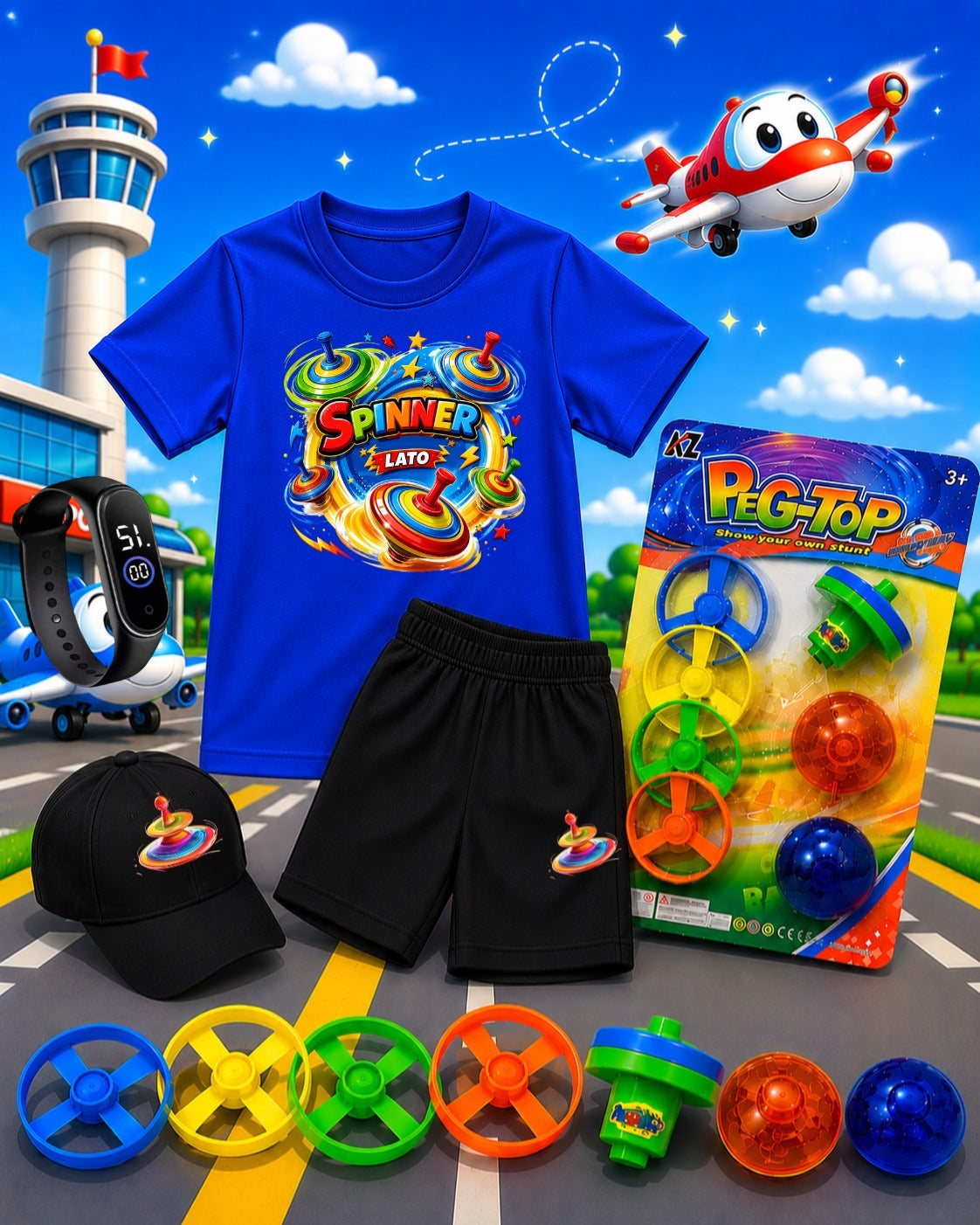 Kids Summer Pack of 6 Deal (T-Shirt, Short, Cap, Watch & Free Spinner Toy)