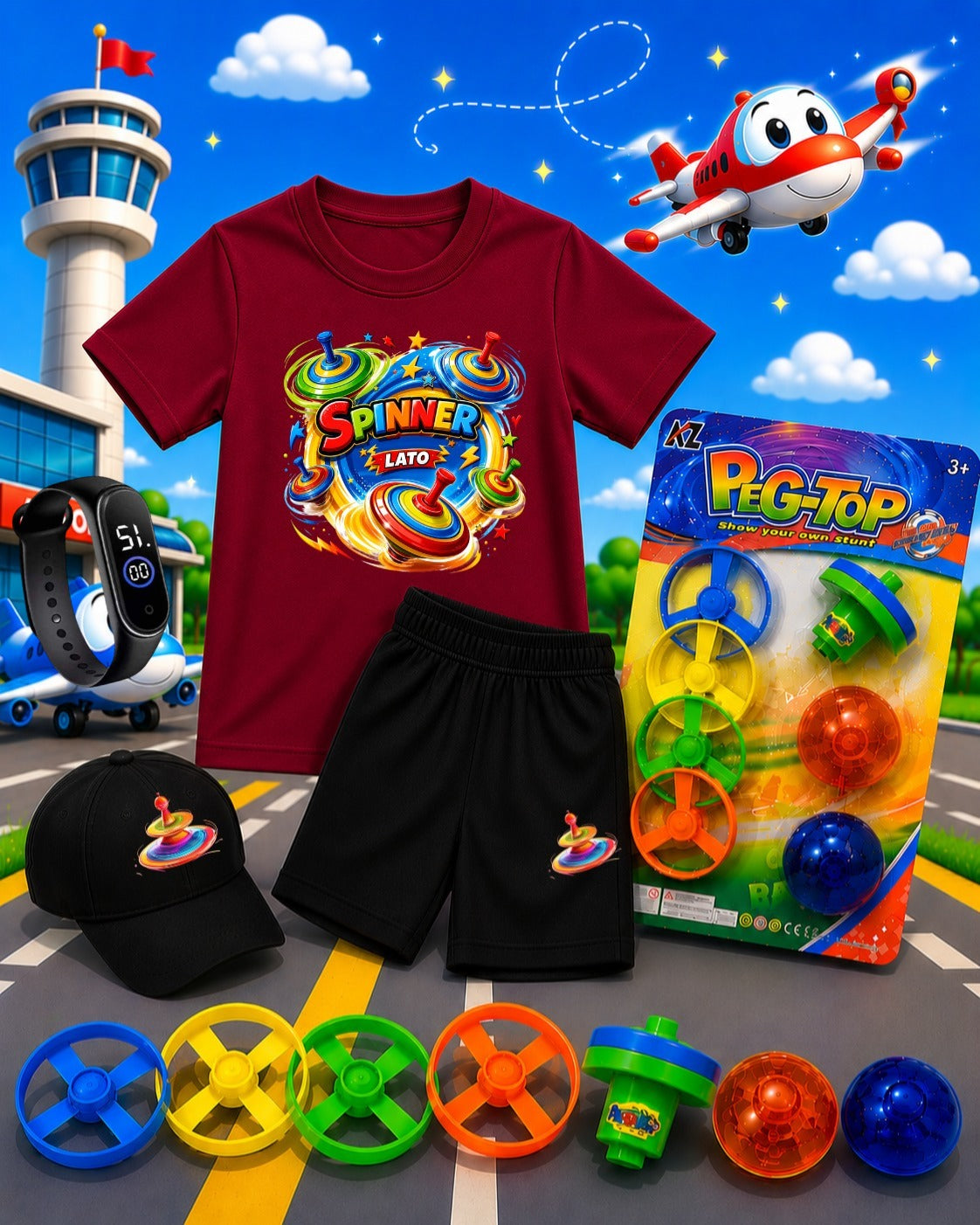 Kids Summer Pack of 6 Deal (T-Shirt, Short, Cap, Watch & Free Spinner Toy)