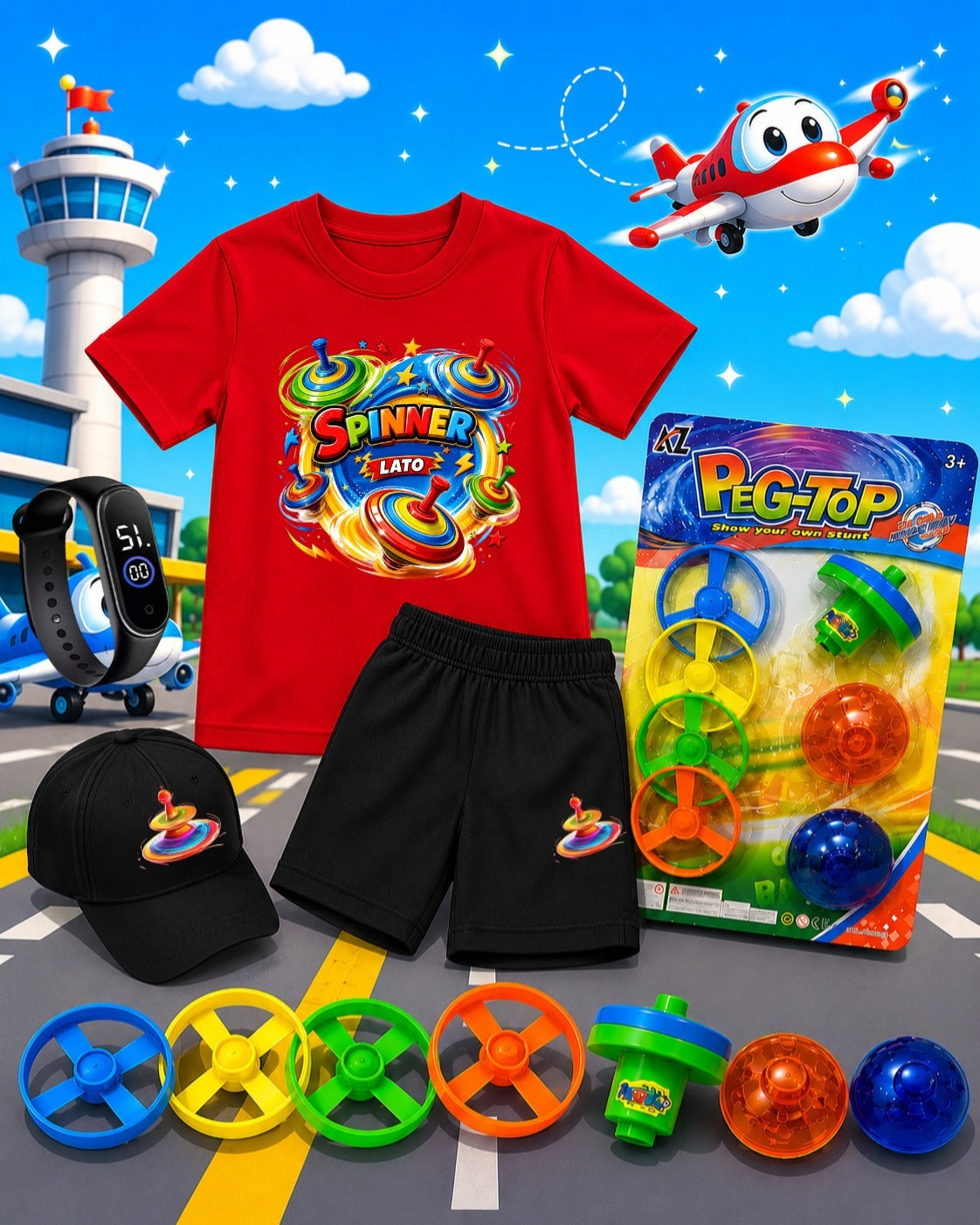 Kids Summer Pack of 6 Deal (T-Shirt, Short, Cap, Watch & Free Spinner Toy)