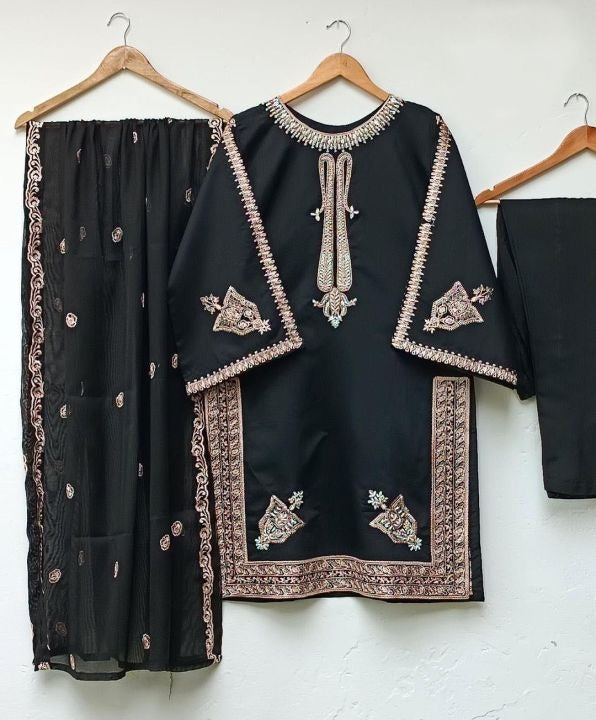 Ready to Wear Embroidered Shamose Silk 3-Piece Suit with Chiffon Dupatta