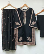 Ready to Wear Embroidered Shamose Silk 3-Piece Suit with Chiffon Dupatta