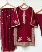 Ready to Wear Embroidered Shamose Silk 3-Piece Suit with Chiffon Dupatta