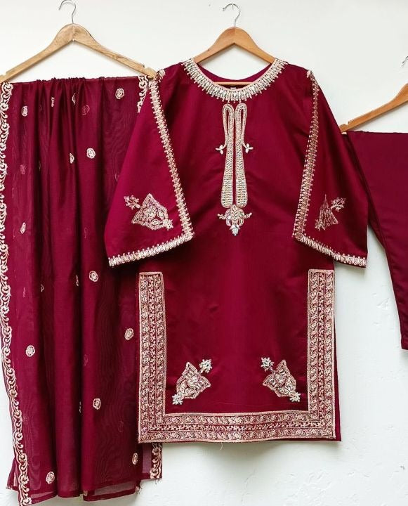 Ready to Wear Embroidered Shamose Silk 3-Piece Suit with Chiffon Dupatta