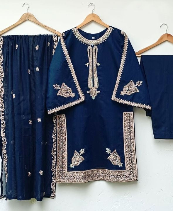 Ready to Wear Embroidered Shamose Silk 3-Piece Suit with Chiffon Dupatta
