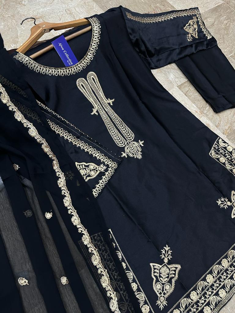 Ready to Wear Embroidered Shamose Silk 3-Piece Suit with Chiffon Dupatta