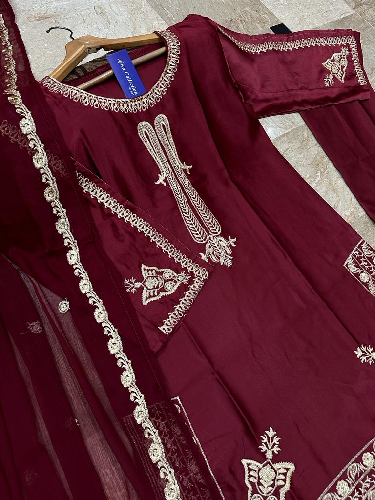 Ready to Wear Embroidered Shamose Silk 3-Piece Suit with Chiffon Dupatta