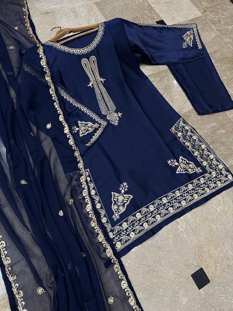 Ready to Wear Embroidered Shamose Silk 3-Piece Suit with Chiffon Dupatta
