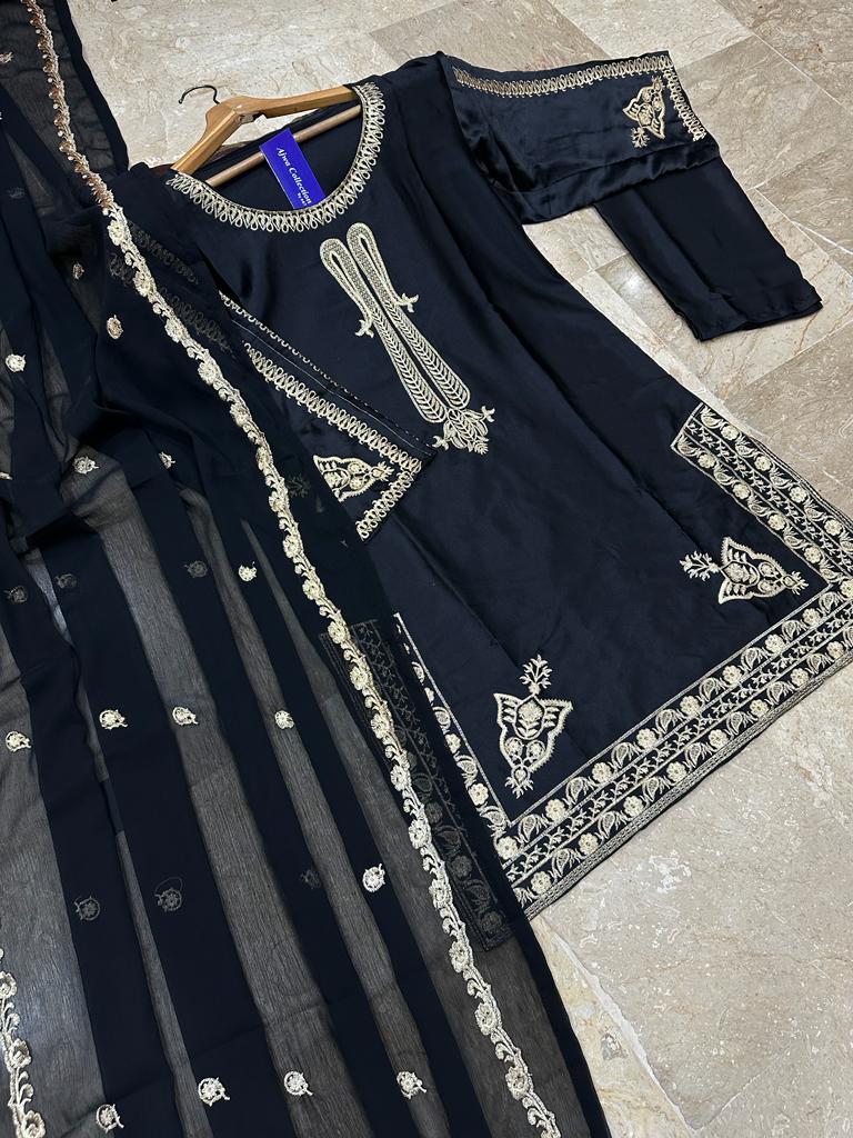 Ready to Wear Embroidered Shamose Silk 3-Piece Suit with Chiffon Dupatta