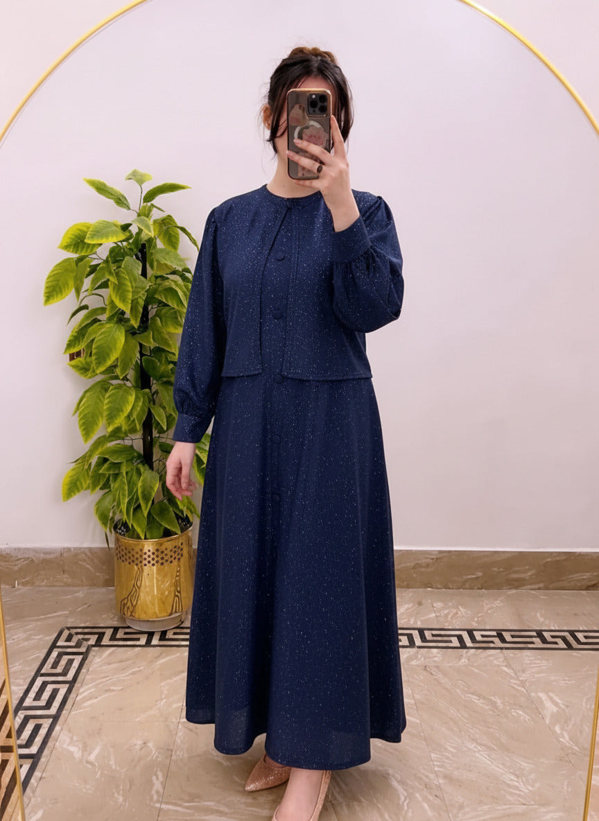 Moonlight Glitter 2-Piece Maxi Dress with Matching Jacket & Adjustable Belt