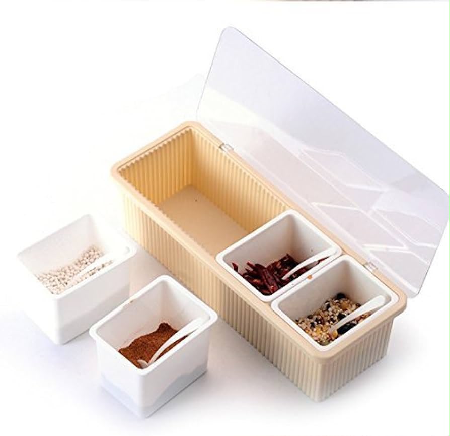 4 Portions Detachable Spice Rack with Transparent LID and 4 Spoons