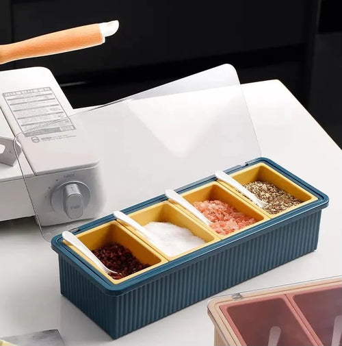 4 Portions Detachable Spice Rack with Transparent LID and 4 Spoons