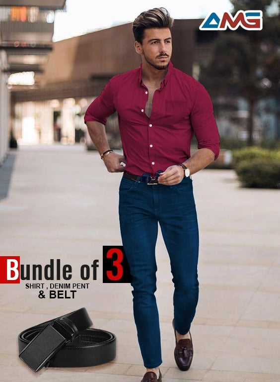 Pack of 3 Men's Combo – Cotton Shirt, Denim Jeans & Imported Belt