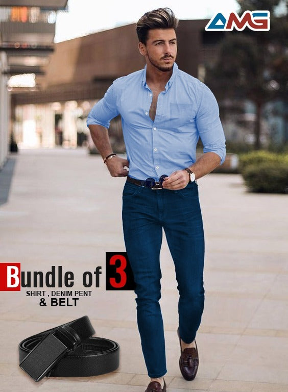 Pack of 3 Men's Combo – Cotton Shirt, Denim Jeans & Imported Belt