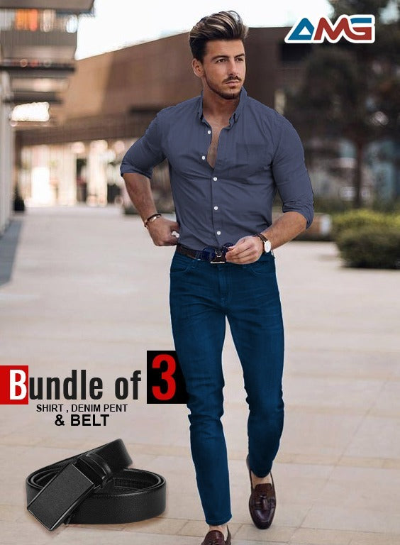 Pack of 3 Men's Combo – Cotton Shirt, Denim Jeans & Imported Belt