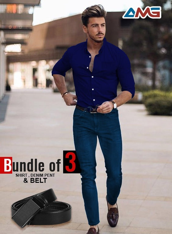 Pack of 3 Men's Combo – Cotton Shirt, Denim Jeans & Imported Belt