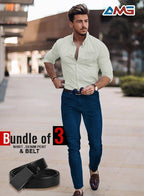 Pack of 3 Men's Combo – Cotton Shirt, Denim Jeans & Imported Belt