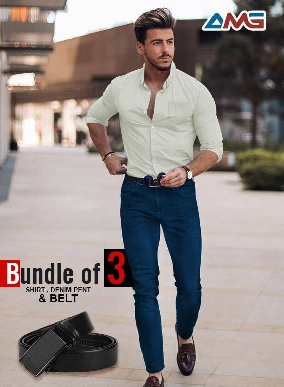 Pack of 3 Men's Combo – Cotton Shirt, Denim Jeans & Imported Belt