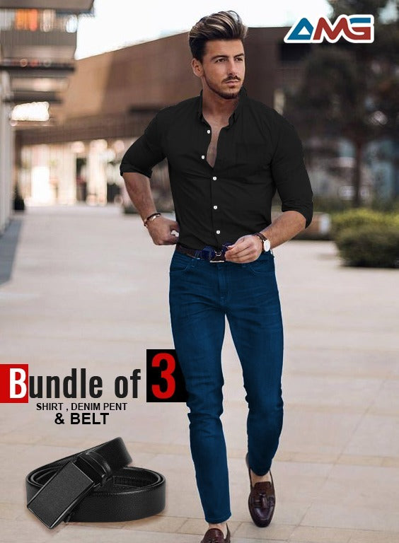 Pack of 3 Men's Combo – Cotton Shirt, Denim Jeans & Imported Belt