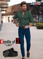 Pack of 3 Men's Combo – Cotton Shirt, Denim Jeans & Imported Belt