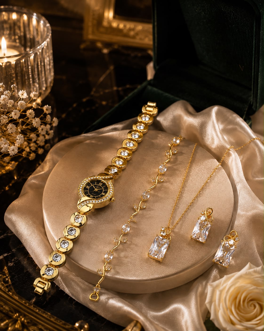 Luxury Ladies Gift Set – Golden Stones Watch, Zircon Locket & Tulip Bracelet with Organizer Box
