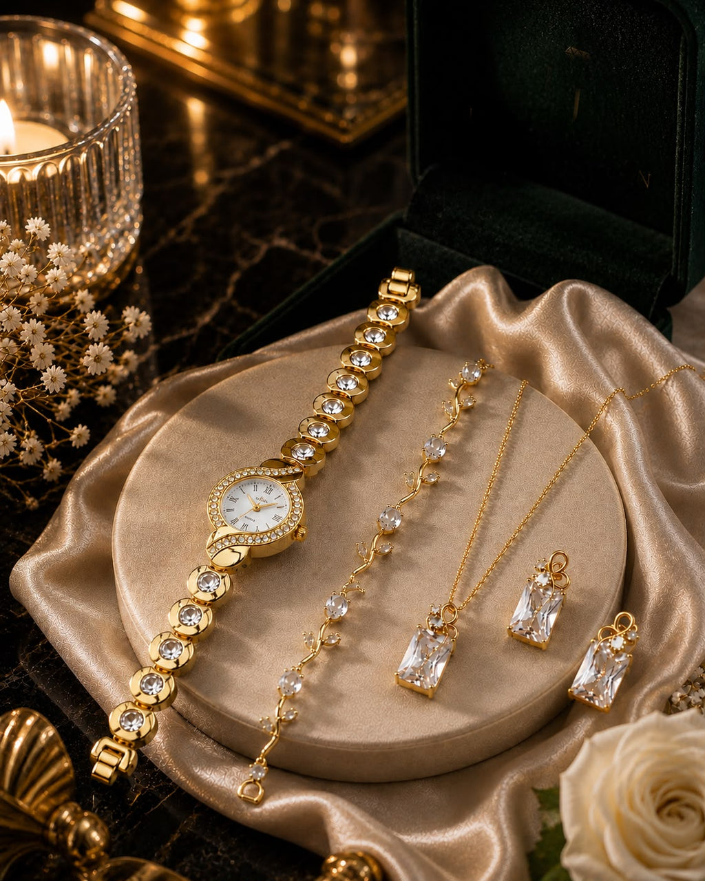 Luxury Ladies Gift Set – Golden Stones Watch, Zircon Locket & Tulip Bracelet with Organizer Box